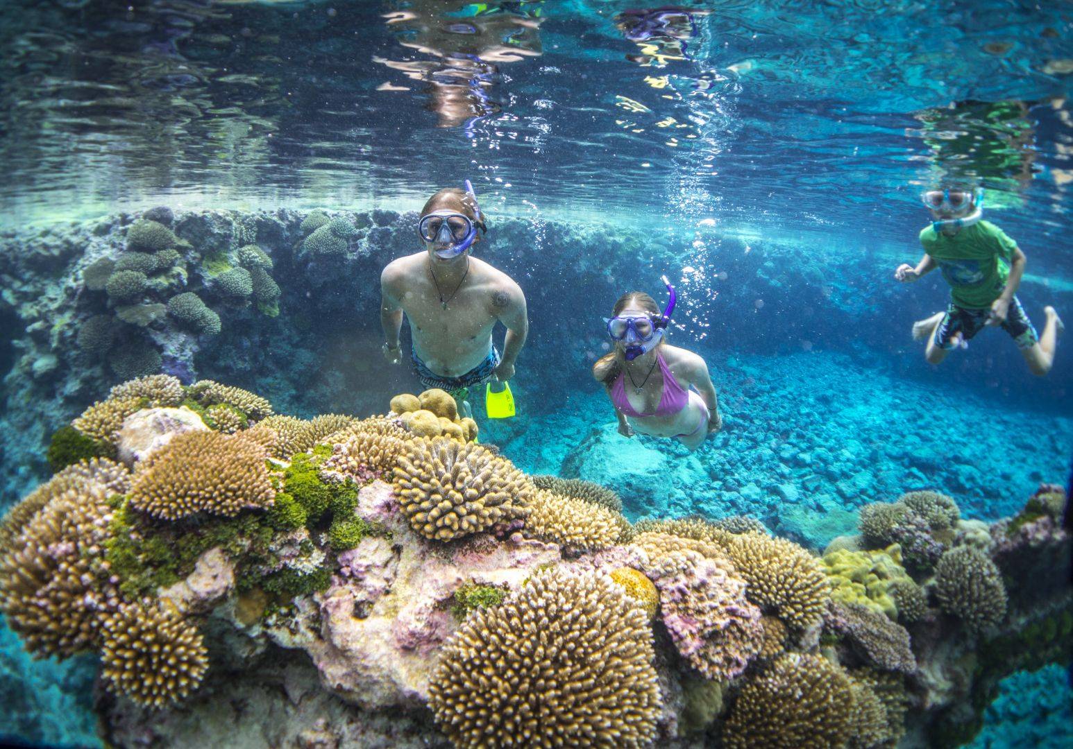 Couple and child diving in Niue Reef