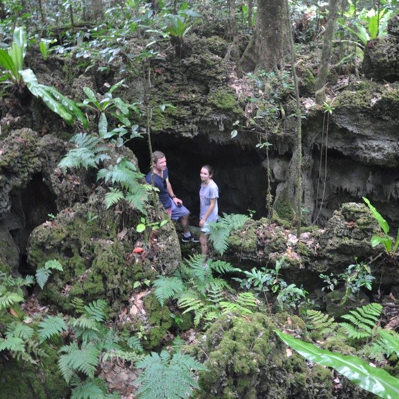 two people standing in a forest