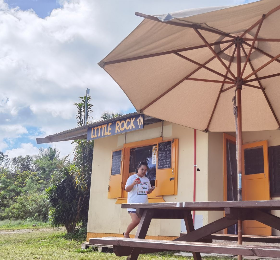 a person standing in front of a small building